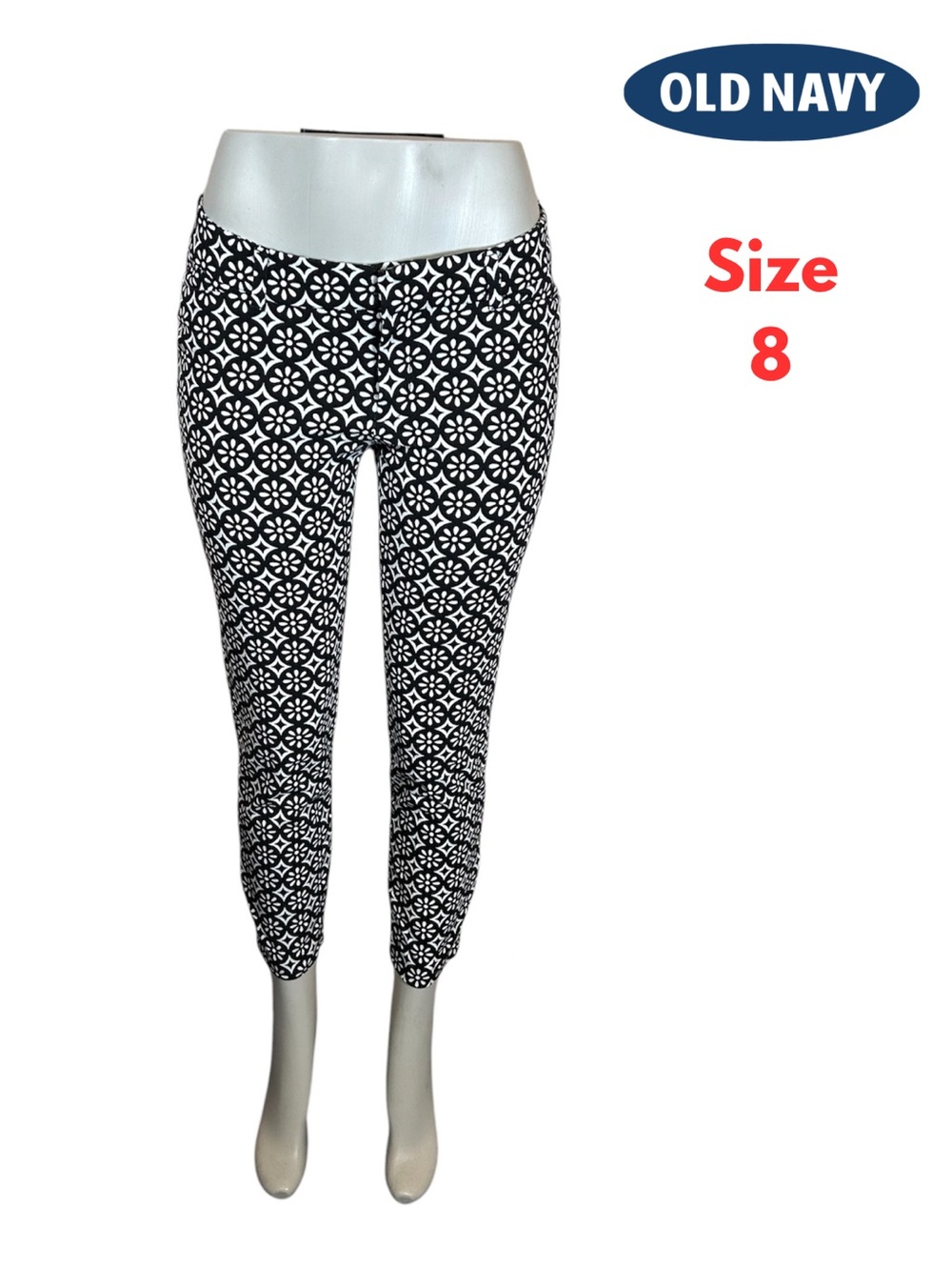 OLD NAVY Womens Cropped Dress Pants Print Black White Mid Rise Sz 8 #250